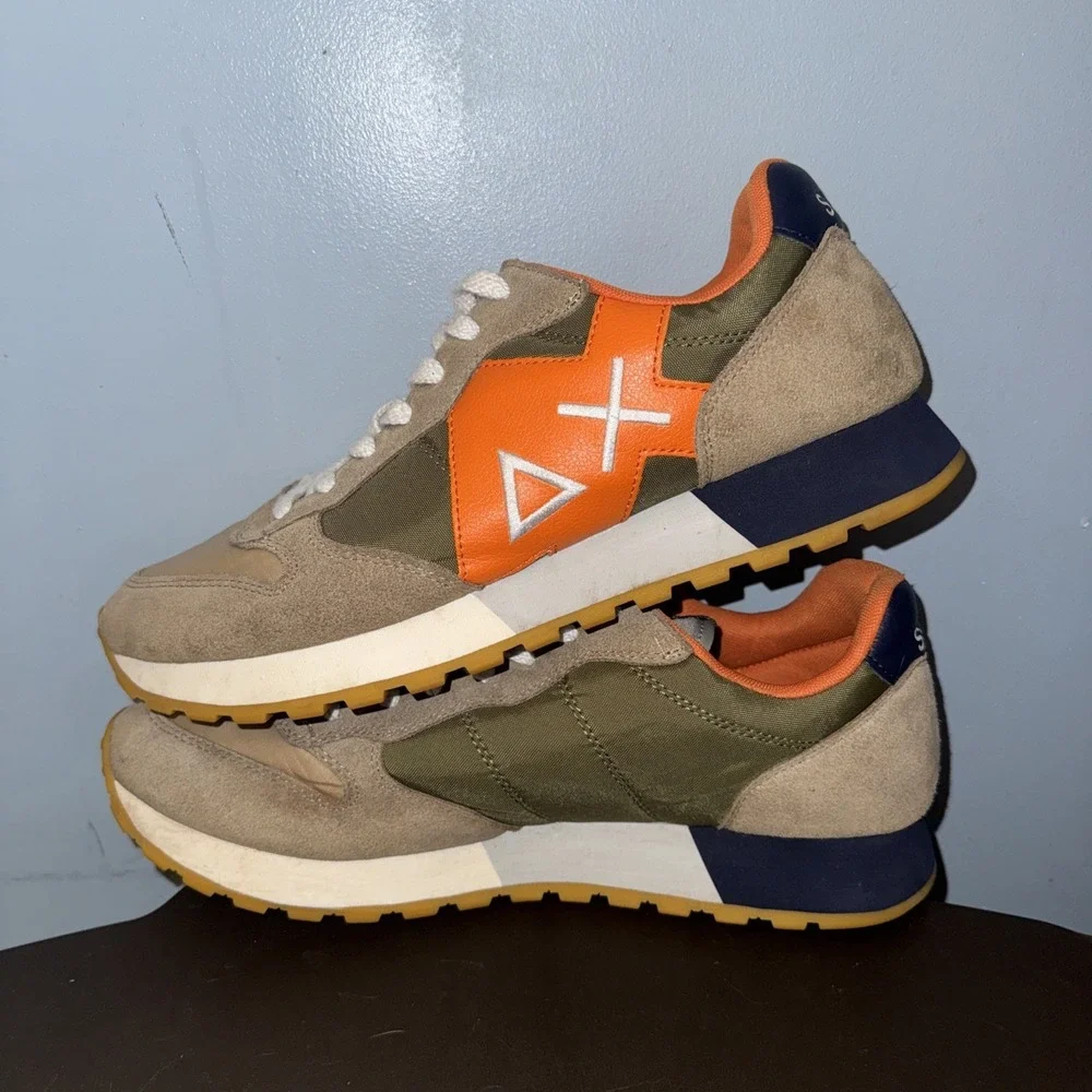 Sun68 Sneakers Uomo Jaki Bicolor Men's 12.5 Olive Orange Suede Nylon Shoes EUC